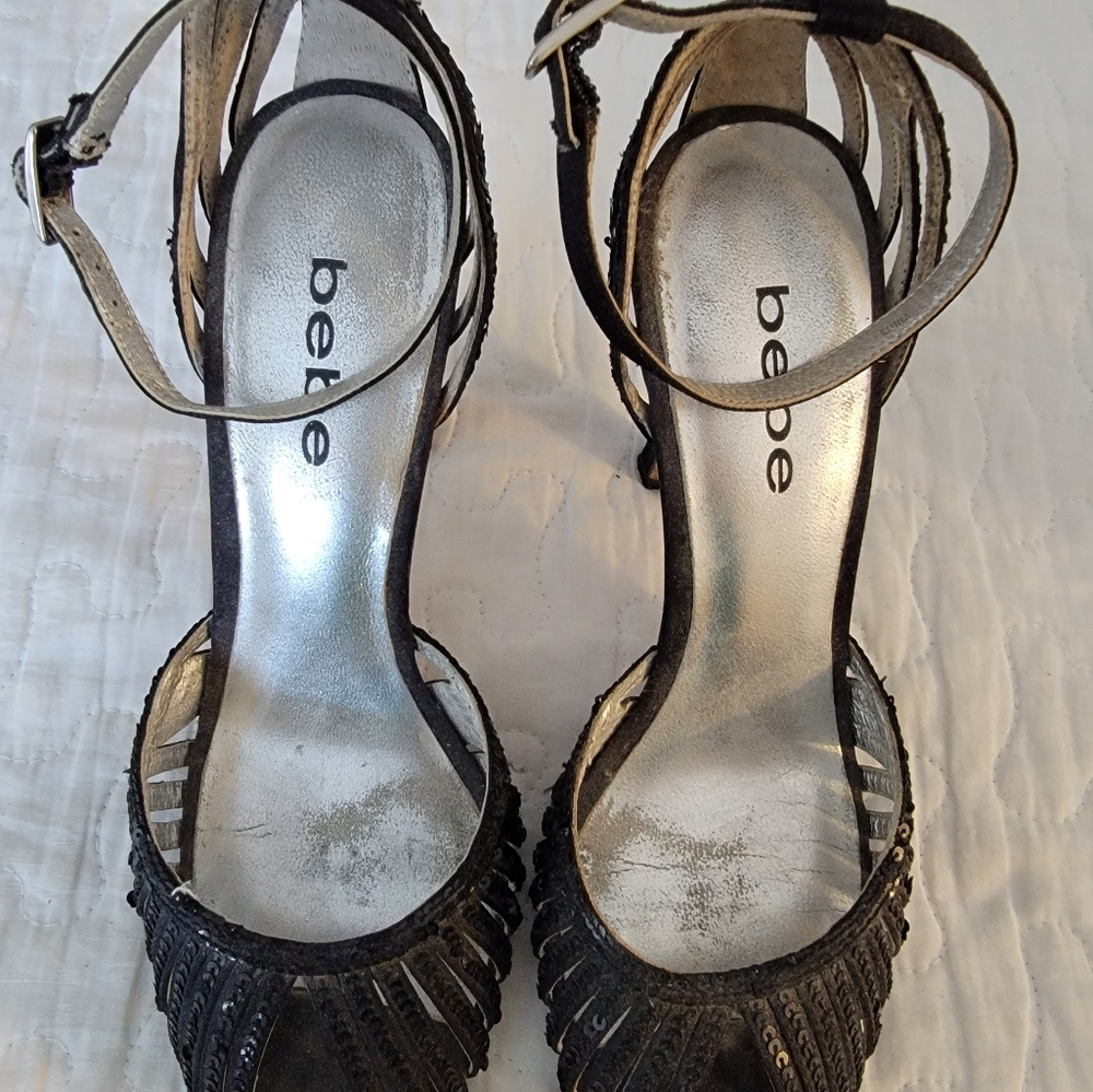 Bebe black sequined ankle strapped sandals size 7